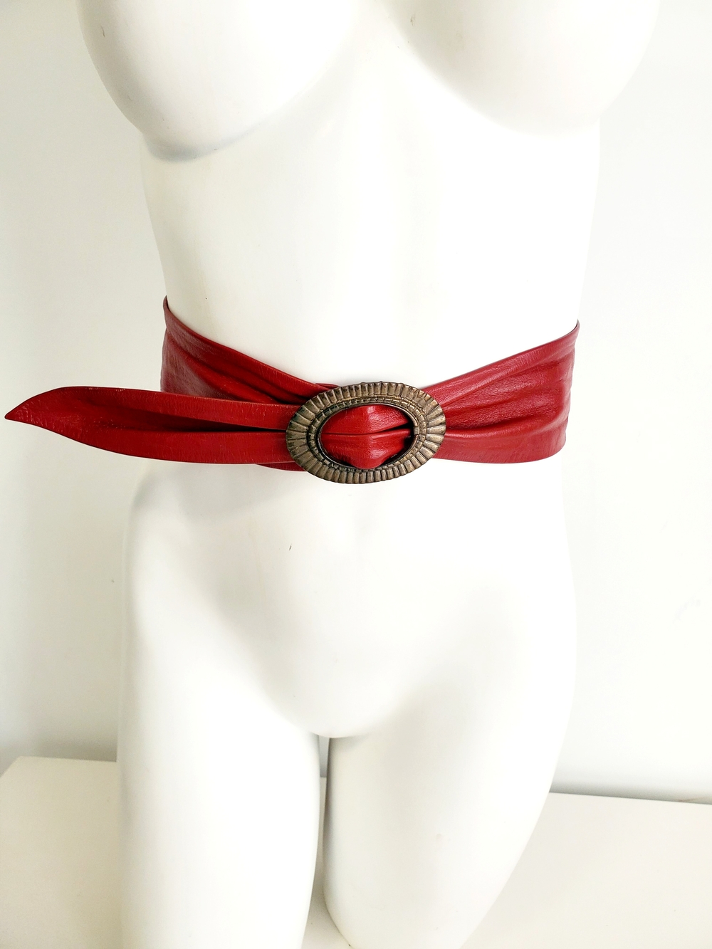 Red Leather Waist Belt with Decorative Buckle Size S